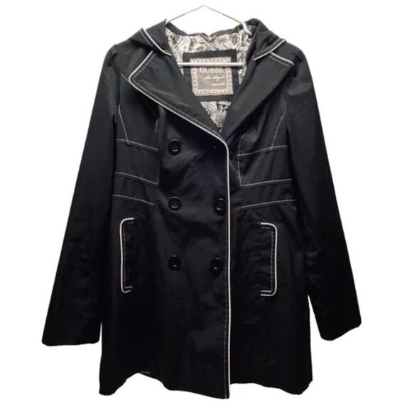 Guess Hooded Peacoat Women's Large Black White Trim Fully Lined Soft Shell GUC - Picture 1 of 10